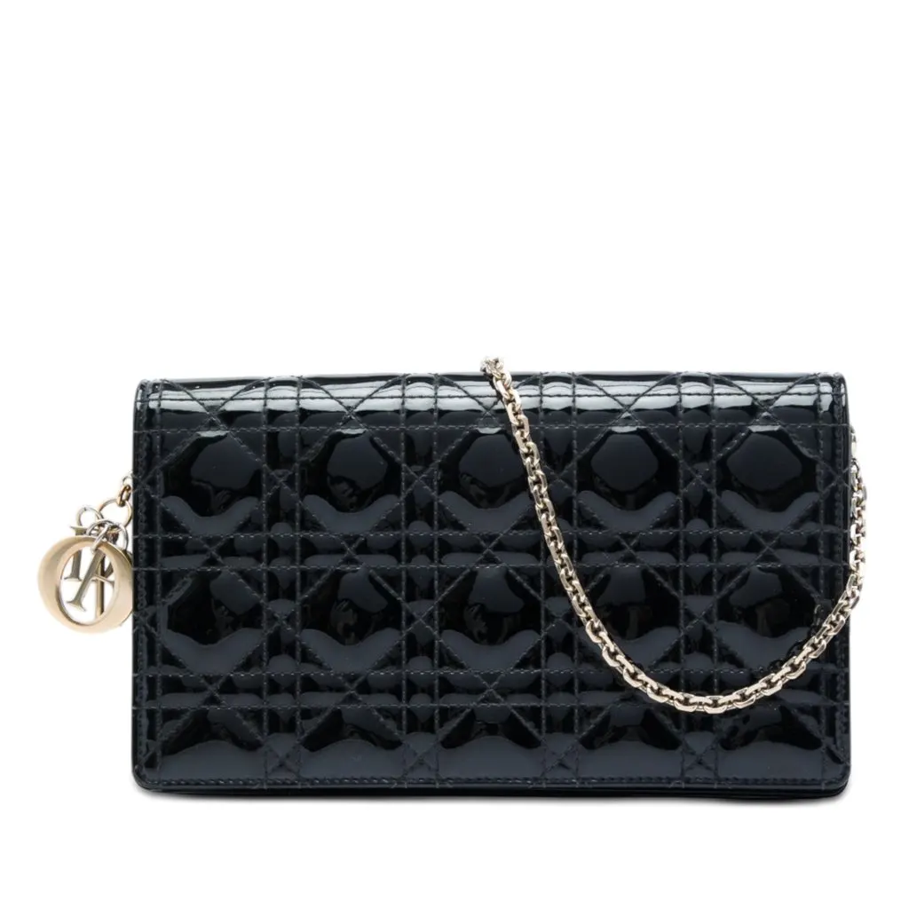 Dior Patent Cannage Lady Dior Chain Convertible Clutch Black Leather Very good - Front View
