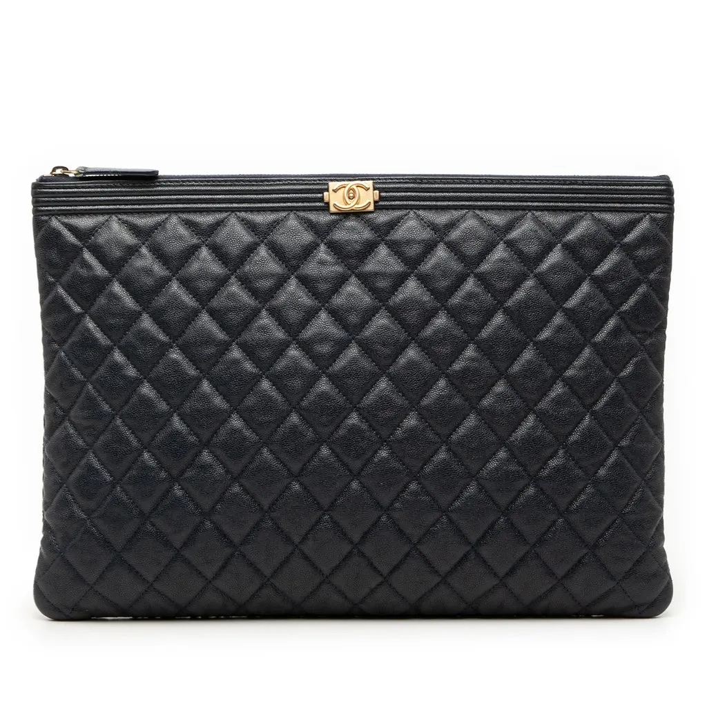 Chanel Large Quilted Caviar Boy O Case Clutch Blue Leather Very good - Front View