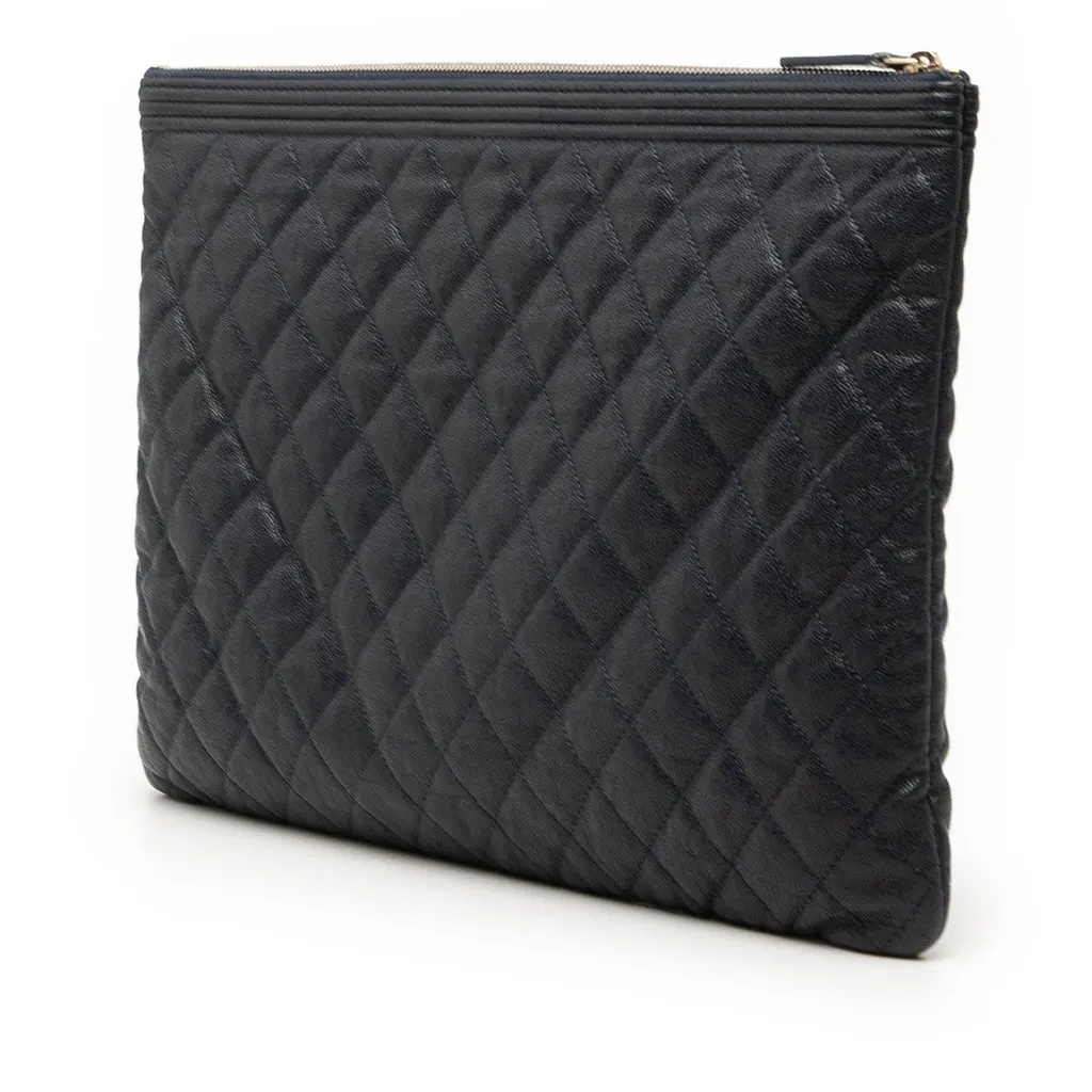 Chanel Large Quilted Caviar Boy O Case Clutch Blue Leather Very good - Back View