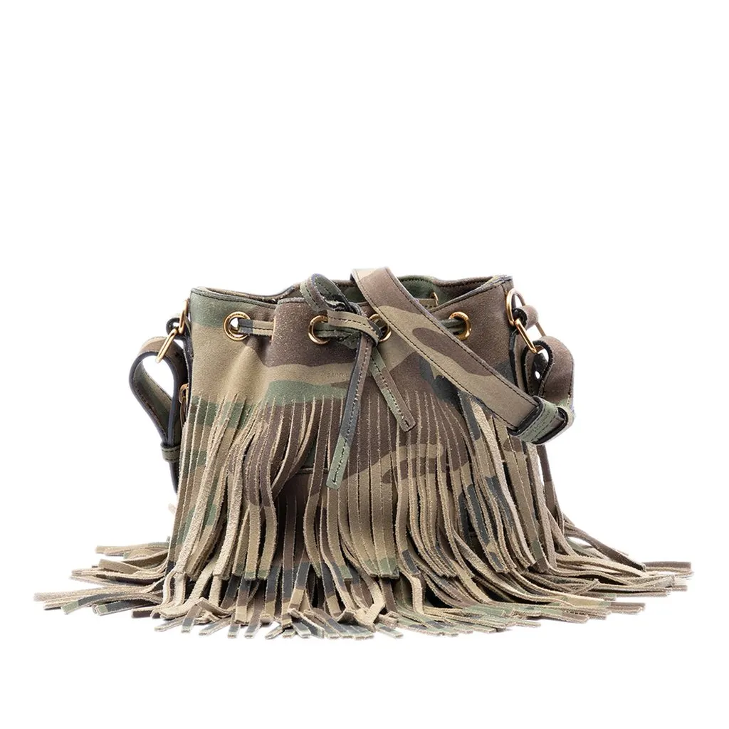 Saint Laurent Small Camouflage Print Suede Emmanuelle Fringe Bucket Bag Brown Leather Very good - Front View