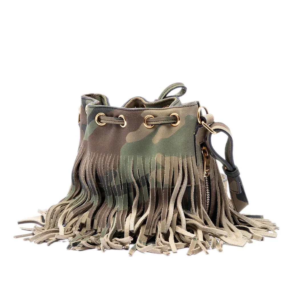 Saint Laurent Small Camouflage Print Suede Emmanuelle Fringe Bucket Bag Brown Leather Very good - Back View