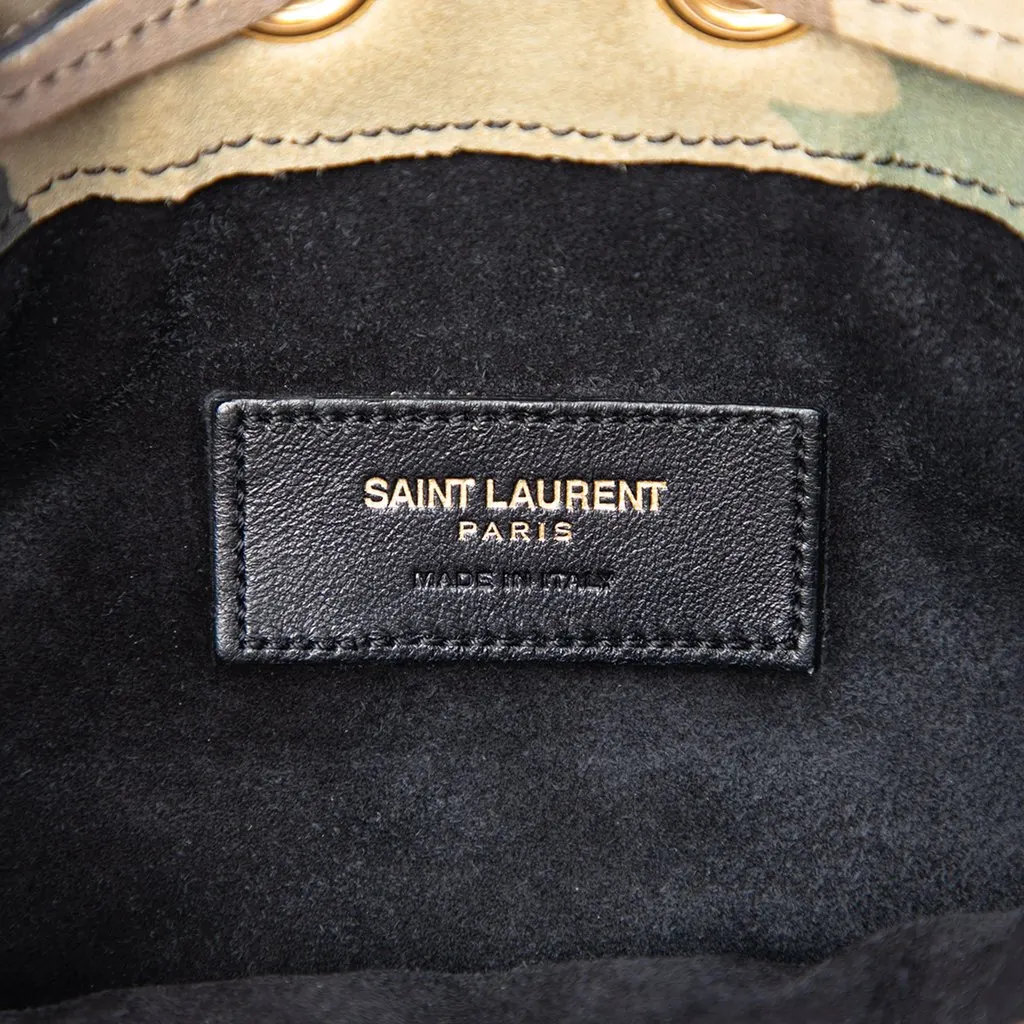 Saint Laurent Small Camouflage Print Suede Emmanuelle Fringe Bucket Bag Brown Leather Very good - Box View