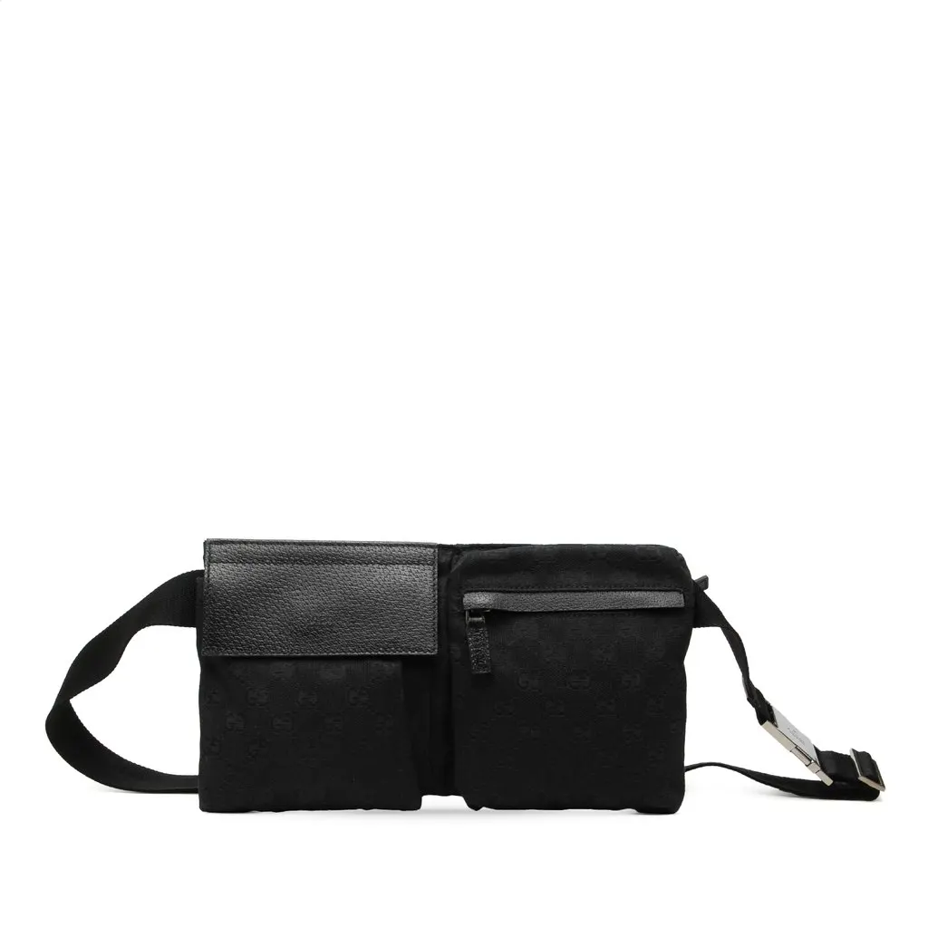 Gucci GG Canvas Double Pocket Belt Bag Black Canvas Good - Front View