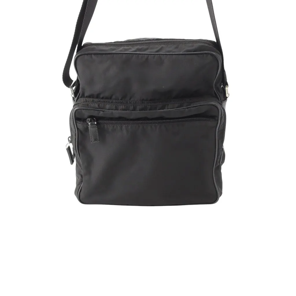Prada Saffiano Trimmed Tessuto Zip Top Crossbody Black Very good - Front View