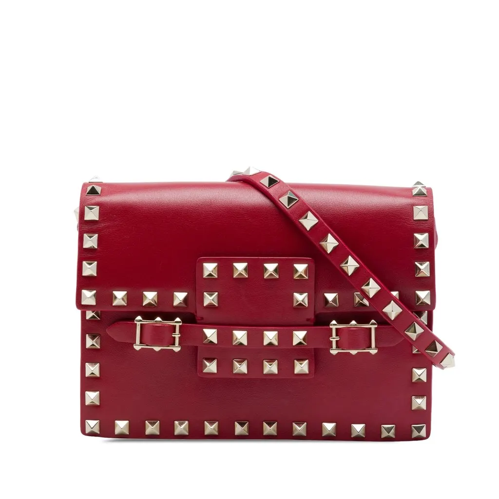 Valentino Calfskin Rockstud Buckled Flap Crossbody Red Leather Good - Front View