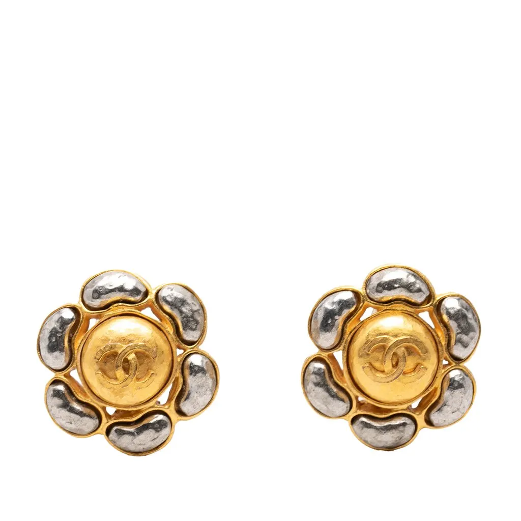 Chanel CC Bicolor Brass Flower Clip On Earrings Gold Metal Very good - Front View