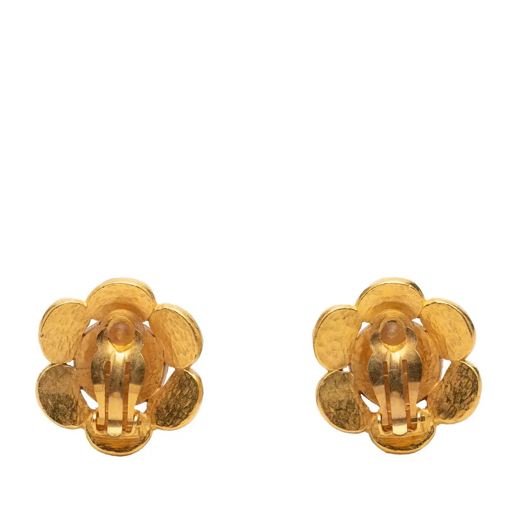 Chanel CC Bicolor Brass Flower Clip On Earrings Gold Metal Very good - Back View