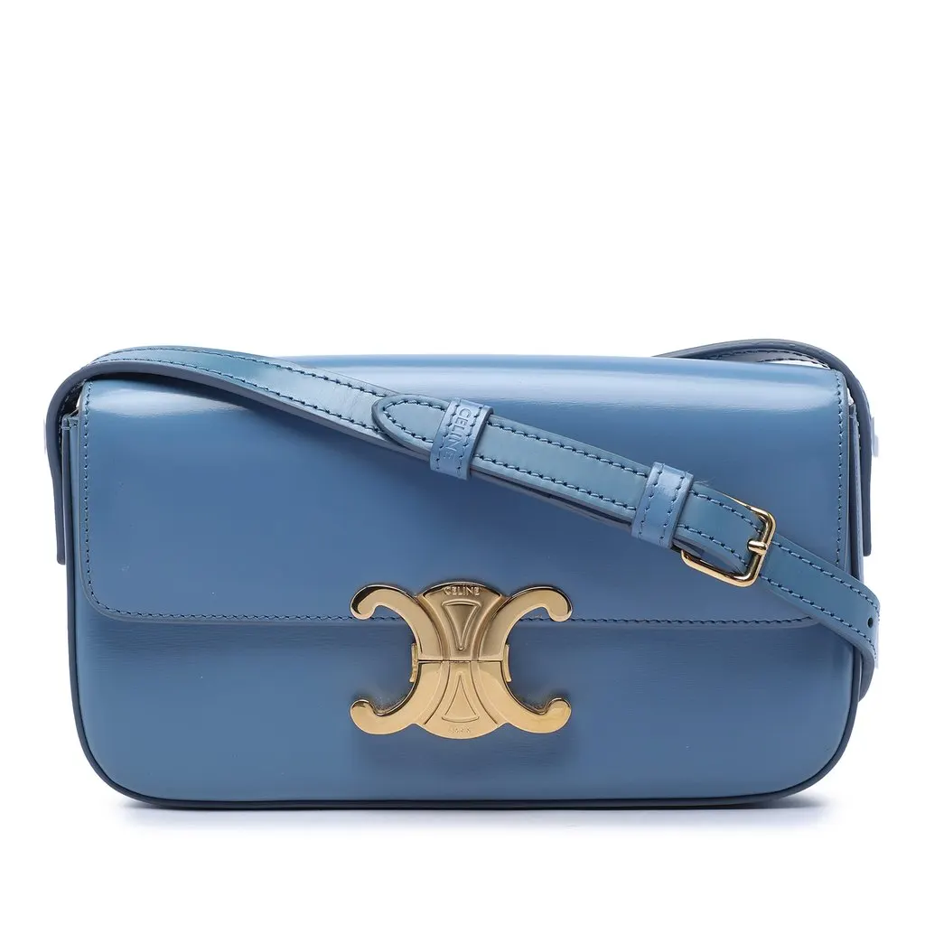 Celine Shiny Calfskin Triomphe Claude Shoulder Bag Blue Leather Good - Front View