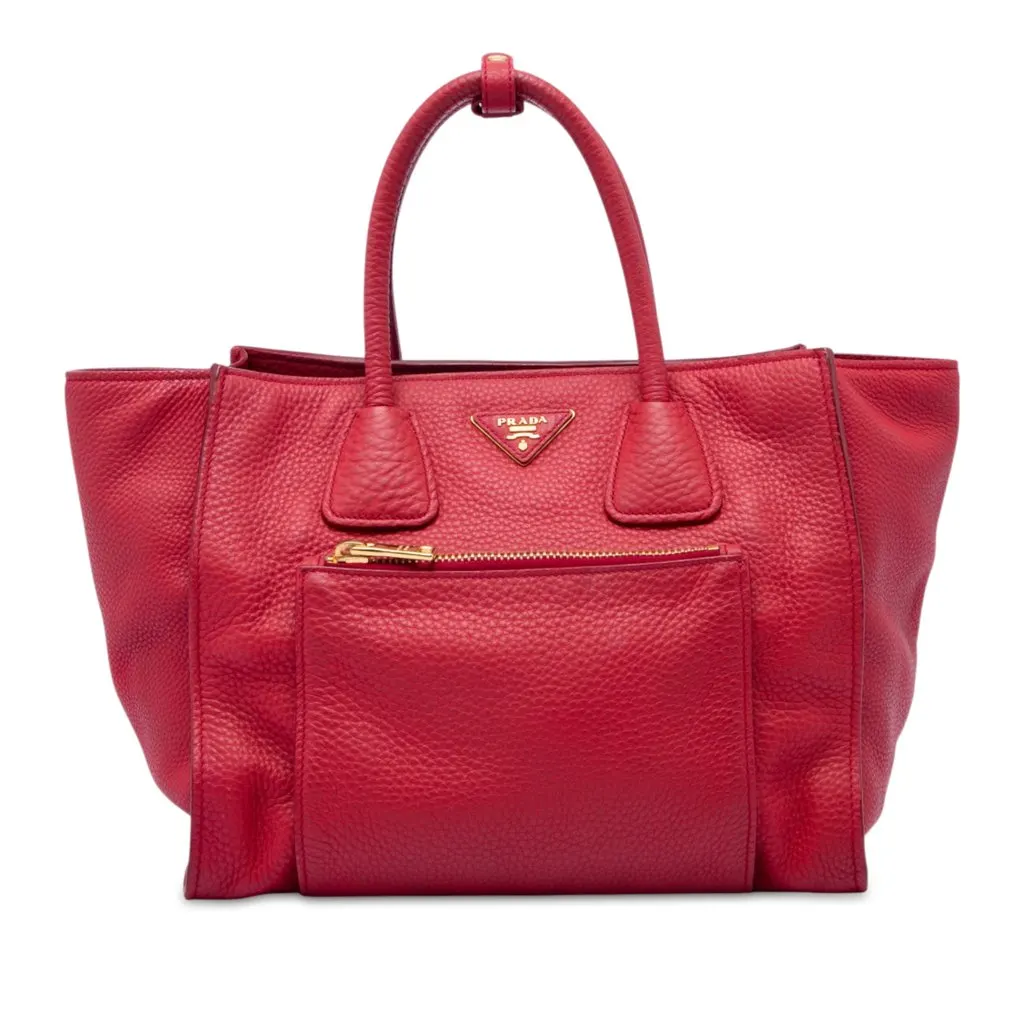 Prada Vitello Daino Front Pocket Open Convertible Tote Red Leather Very good - Front View