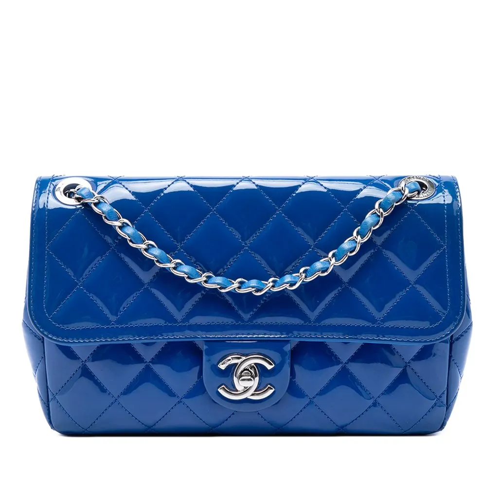 Chanel Medium Quilted Patent Coco Shine Flap Blue Leather Very good - Front View