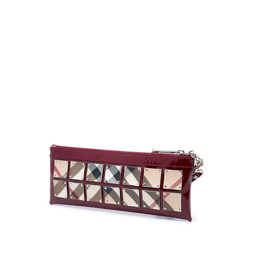 Burberry Patent and Supernova Check Coated Canvas Studded Wristlet Clutch Red Leather Very good - Back View