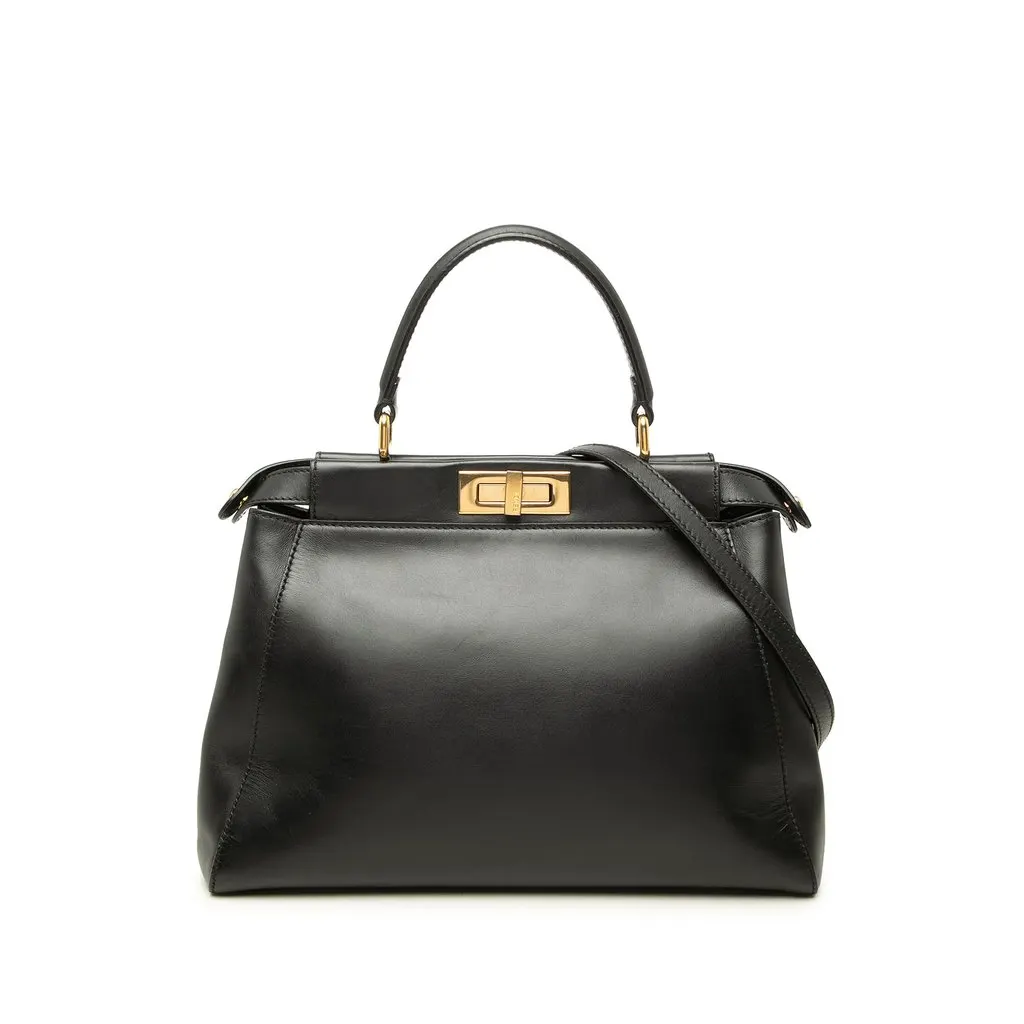 Fendi Medium Shiny Nappa Peekaboo Iconic Satchel Black Leather Good - Front View