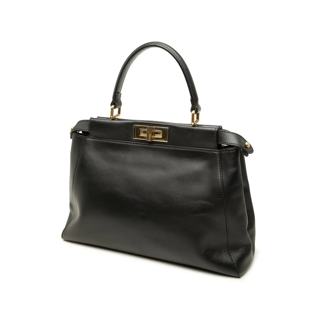 Fendi Medium Shiny Nappa Peekaboo Iconic Satchel Black Leather Good - Back View