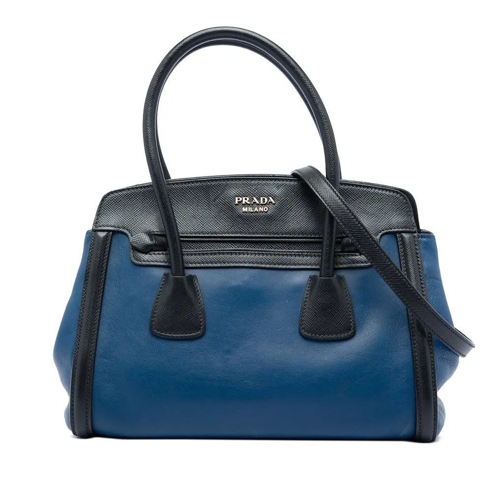 Prada Bicolor Saffiano Trimmed City Calf Double Zip Satchel Blue Leather Very good - Front View