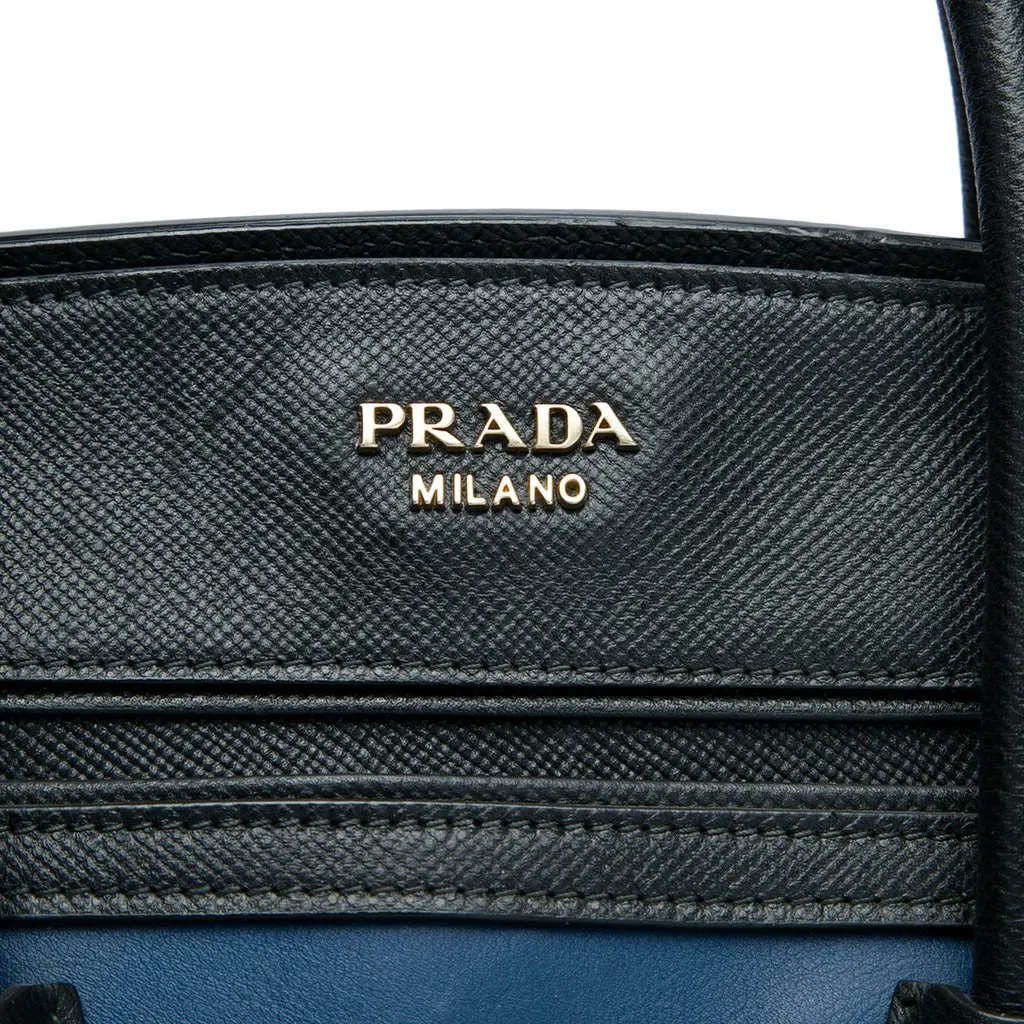 Prada Bicolor Saffiano Trimmed City Calf Double Zip Satchel Blue Leather Very good - Box View
