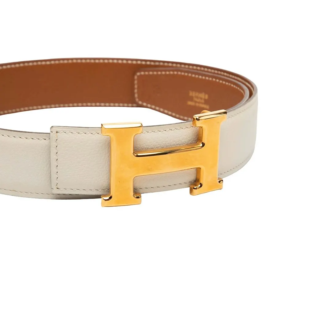 Hermès Box Calf and Courchevel Constance H Reversible Belt White Leather Very good - Model View