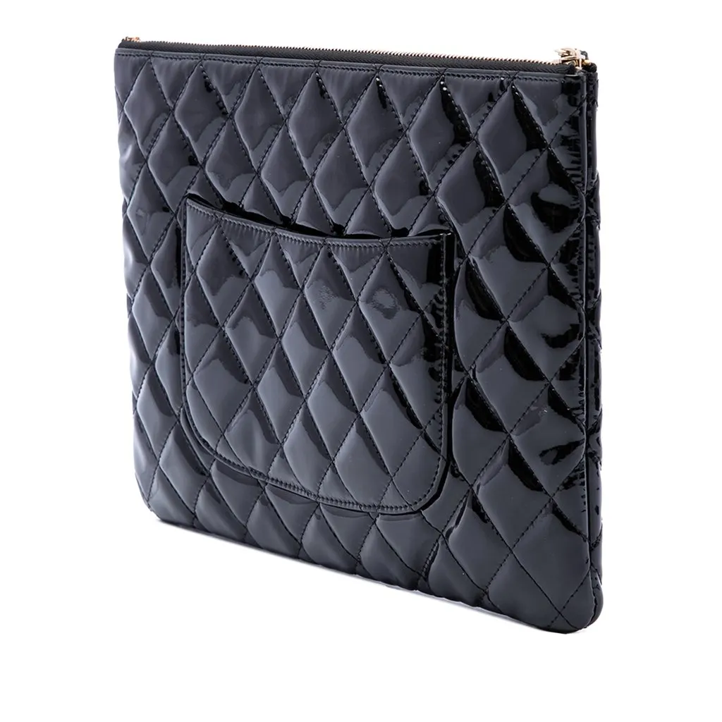 Chanel Medium Quilted Patent O Case Clutch Black Leather Good - Back View