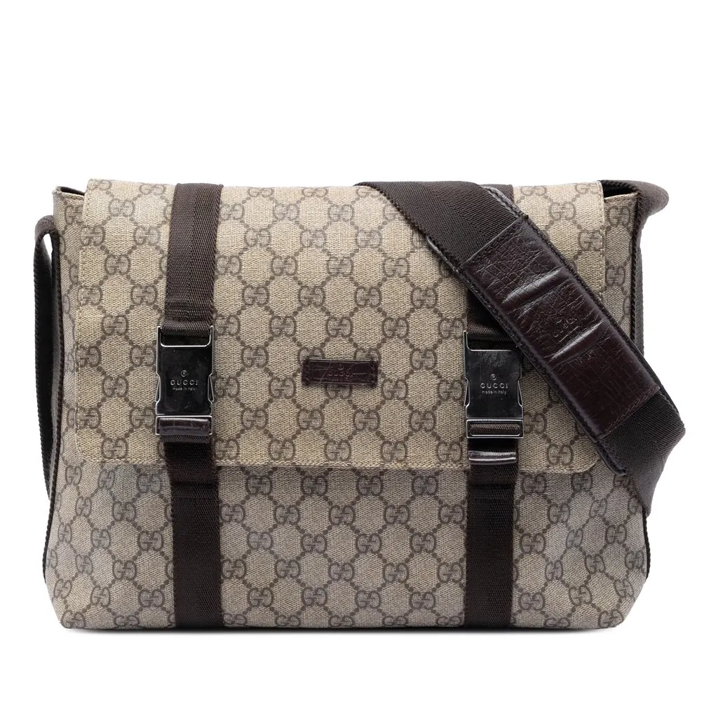 Gucci Large GG Supreme Double Buckle Flap Messenger Bag Beige Very good - Front View