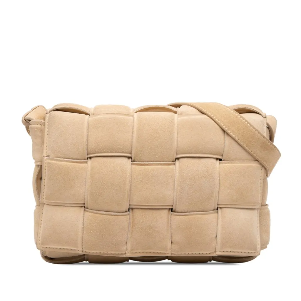 Bottega Veneta Suede Intrecciato Padded Cassette Crossbody Beige Leather Very good - Front View