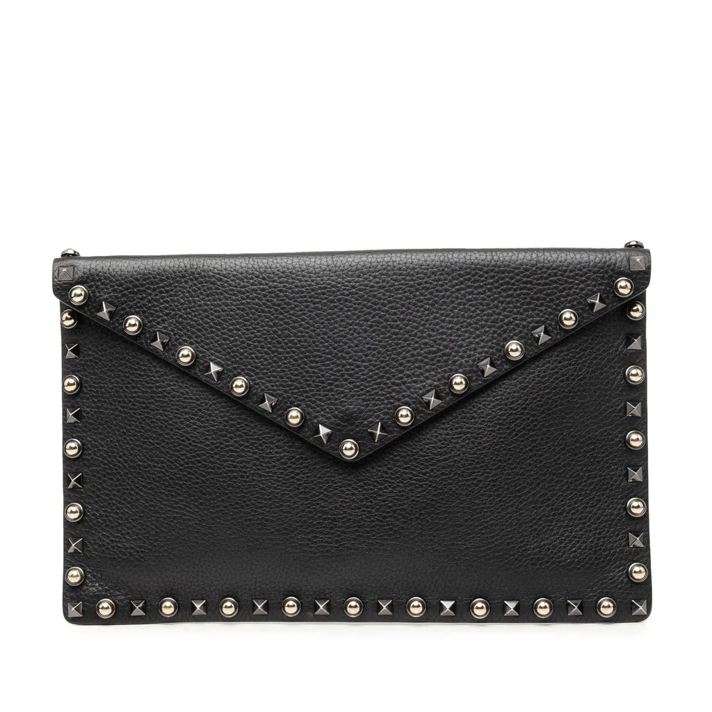 Valentino Grained Calfskin Rockstud Envelope Clutch Black Leather Good - Front View
