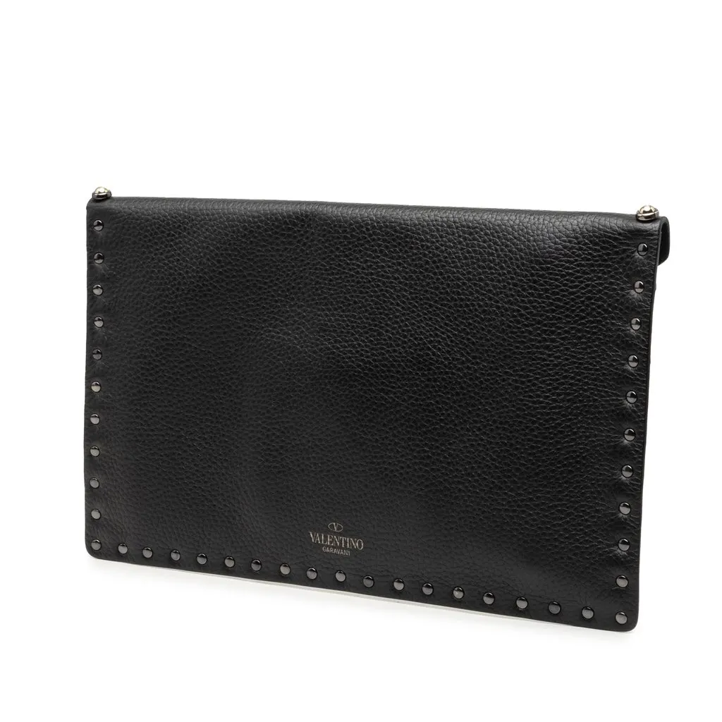 Valentino Grained Calfskin Rockstud Envelope Clutch Black Leather Good - Back View
