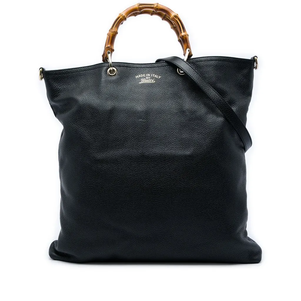 Gucci Calfskin Bamboo Shopper Satchel Black Leather Very good - Front View