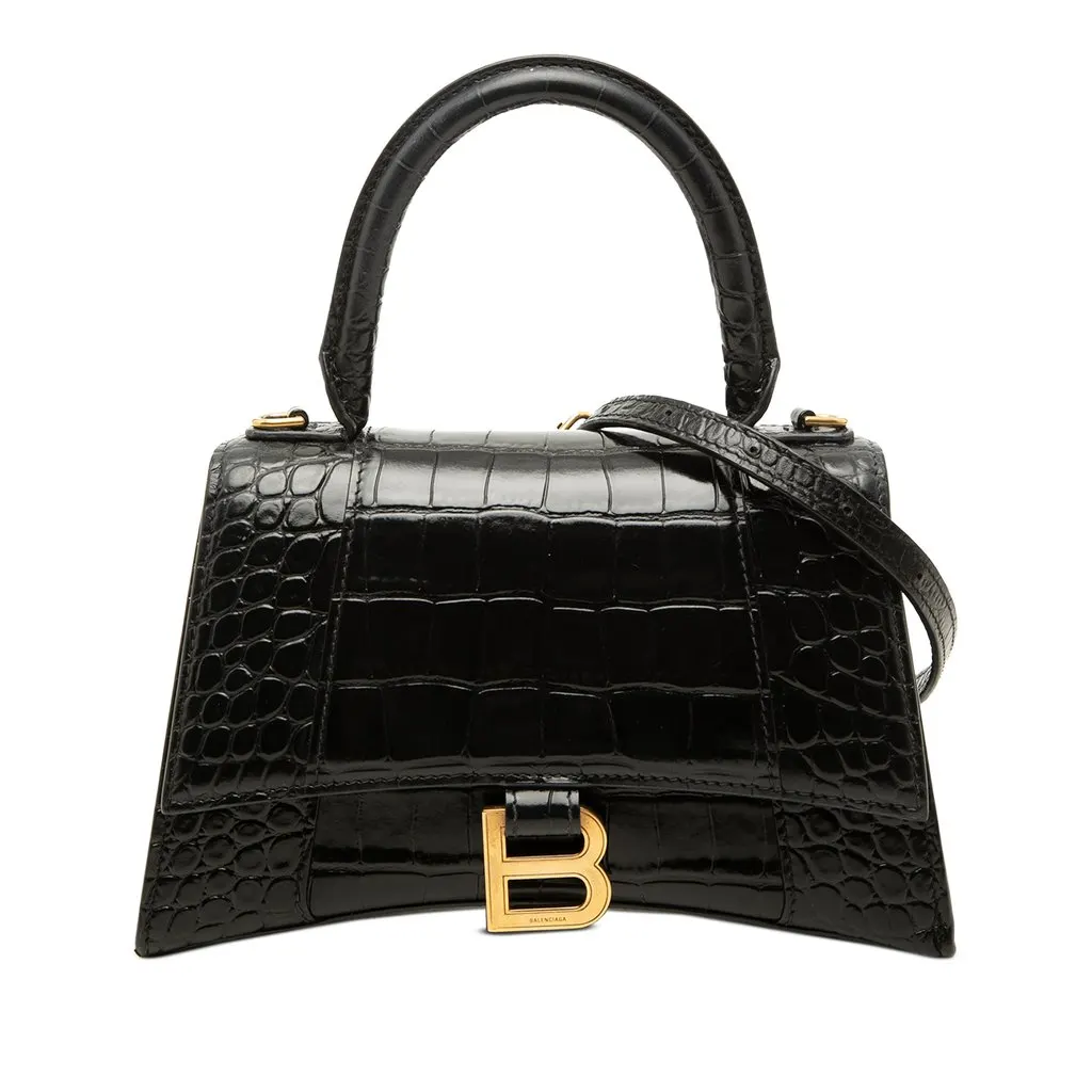 Balenciaga Small Croc Embossed Leather Hourglass Top Handle Bag Black Leather Good - Front View