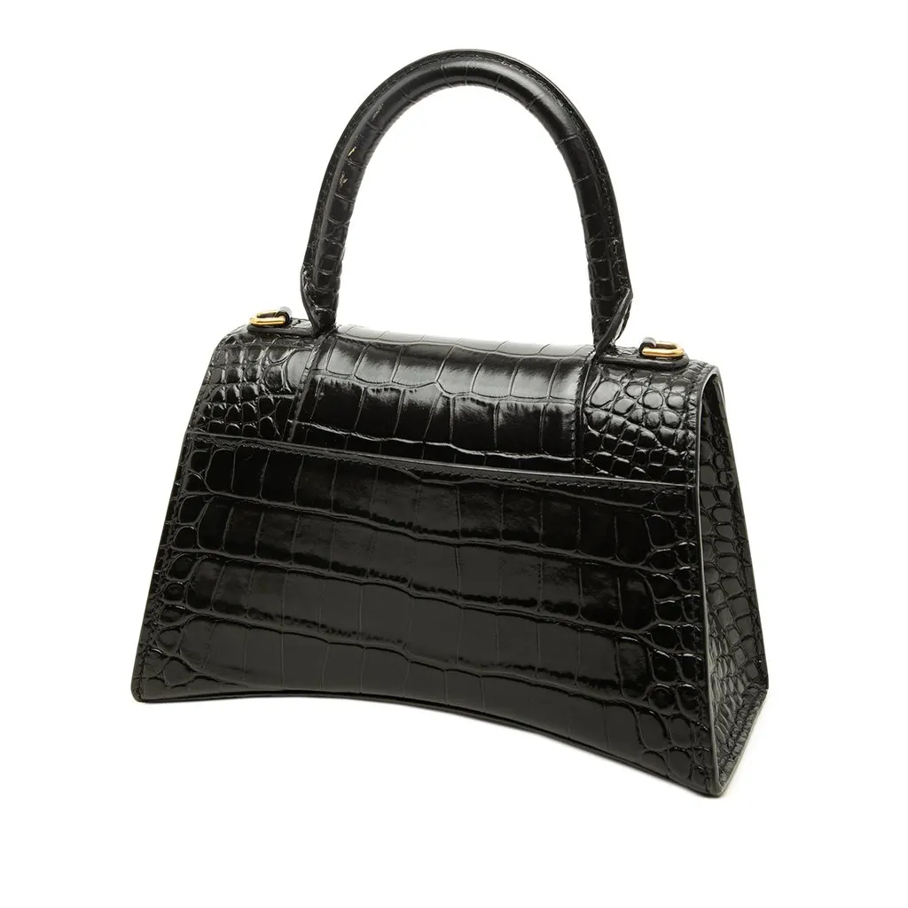 Balenciaga Small Croc Embossed Leather Hourglass Top Handle Bag Black Leather Good - Back View