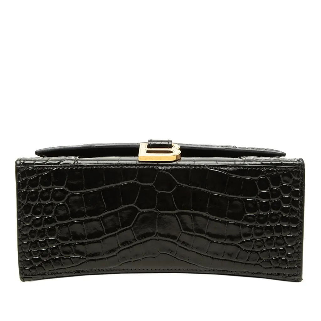 Balenciaga Small Croc Embossed Leather Hourglass Top Handle Bag Black Leather Good - Inside View
