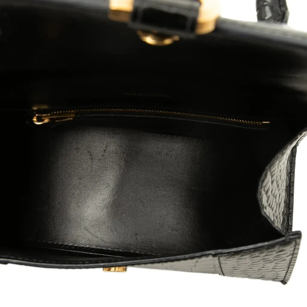 Balenciaga Small Croc Embossed Leather Hourglass Top Handle Bag Black Leather Good - Model View