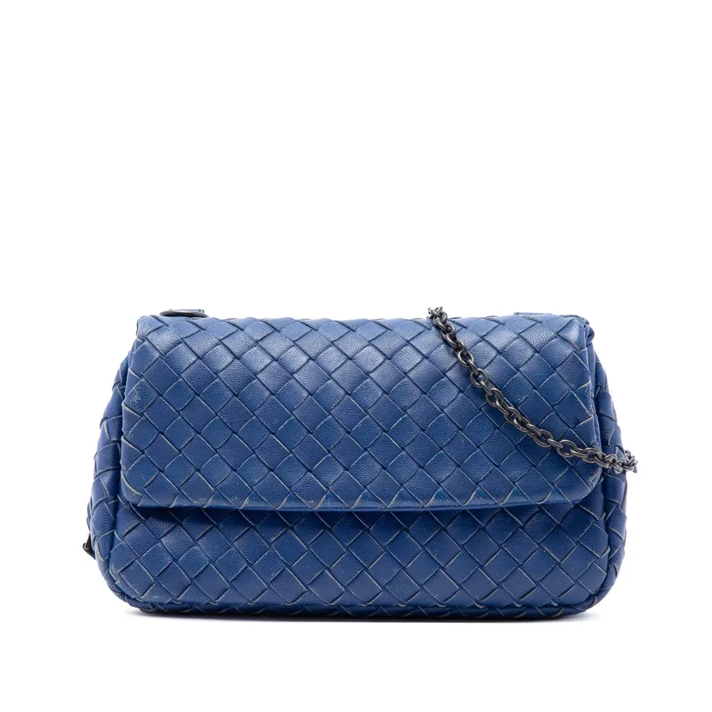 Bottega Veneta Mini Nappa Intrecciato Expandable Chain Flap Crossbody Blue Leather Very good - Front View