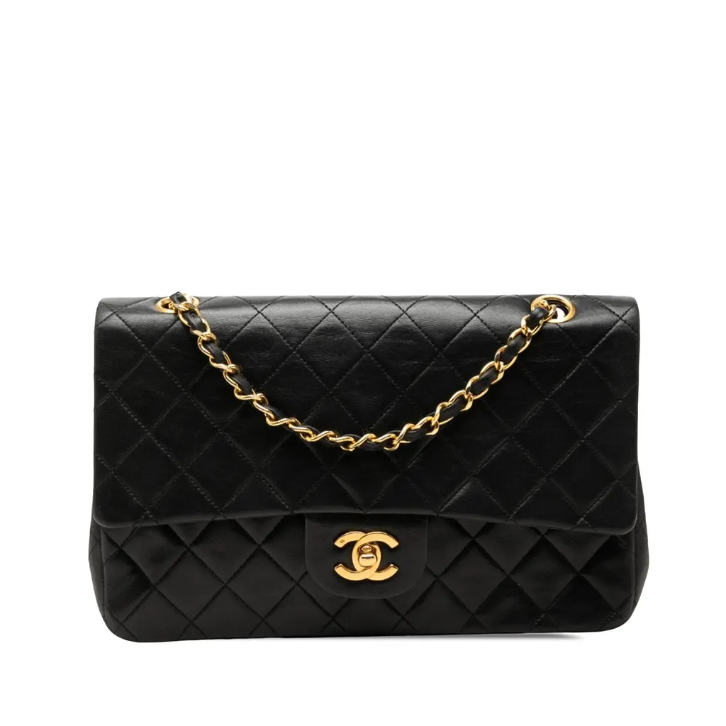 Chanel Medium Classic Lambskin Double Flap Black Leather Good - Front View