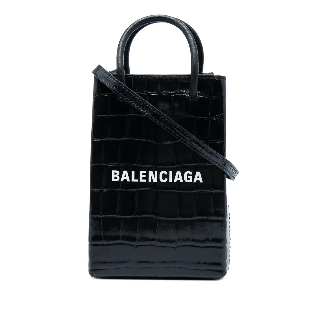 Balenciaga Mini Croc Embossed Leather Shopping Phone Holder Black Leather Very good - Front View