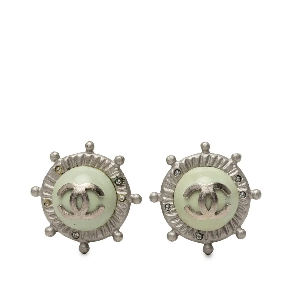 Chanel CC Brass Strass Faux Pearl Nautical Helm Clip On Earrings Silver Metal Very good - Front View
