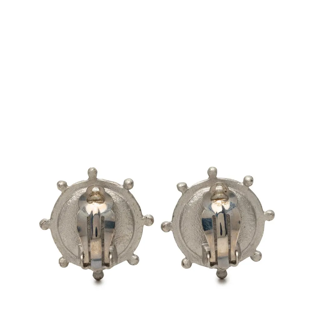 Chanel CC Brass Strass Faux Pearl Nautical Helm Clip On Earrings Silver Metal Very good - Back View