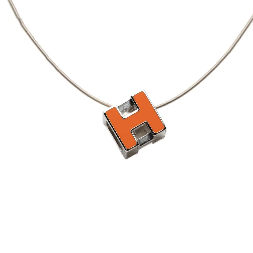 Hermès Palladium Plated Lacquered Cage D H Pendant Necklace Silver Metal Very good - Front View