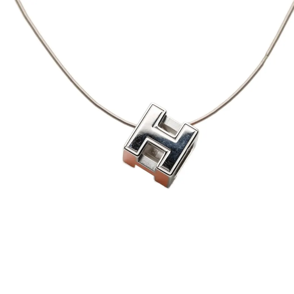 Hermès Palladium Plated Lacquered Cage D H Pendant Necklace Silver Metal Very good - Back View