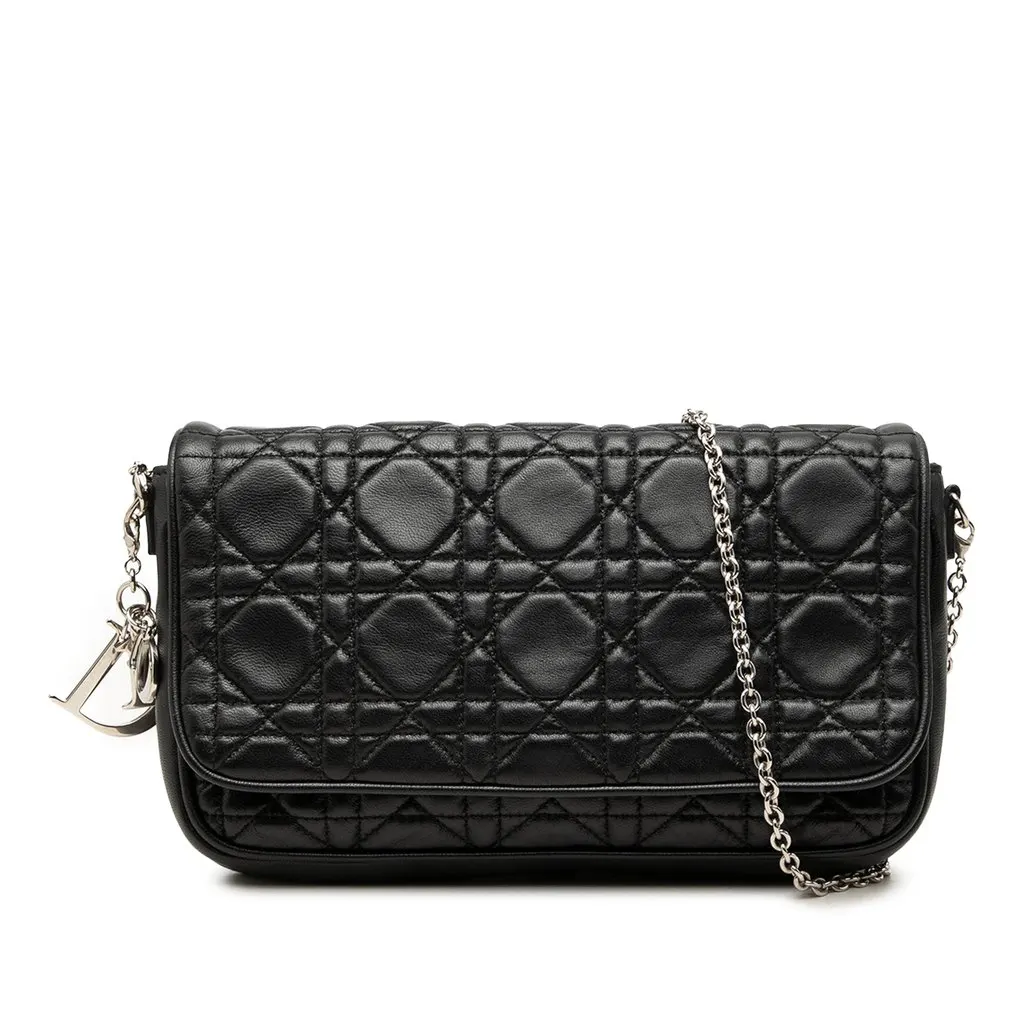 Dior Lambskin Cannage Lady Dior Chain Crossbody Black Leather Very good - Front View