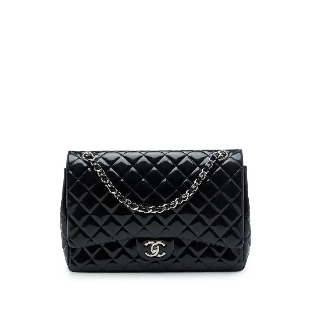 Chanel Maxi Classic Patent Double Flap Black Leather Very good - Front View