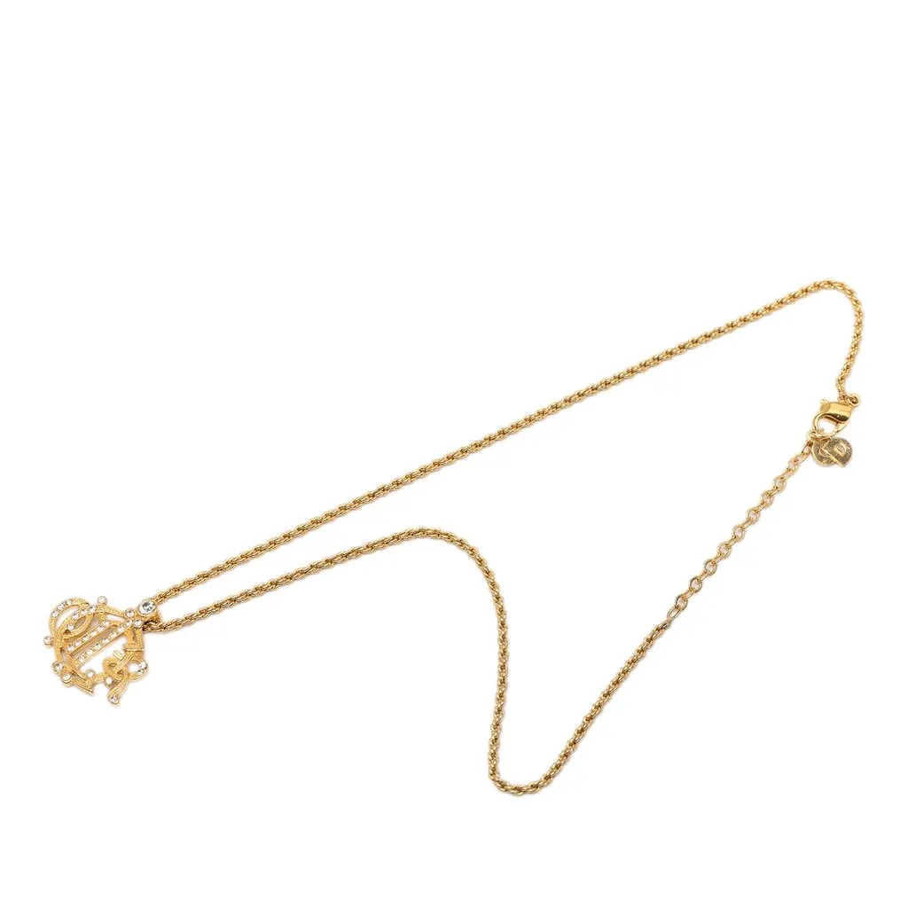 Dior Gold Plated Strass Logo Pendant Necklace Gold Metal Very good - Front View
