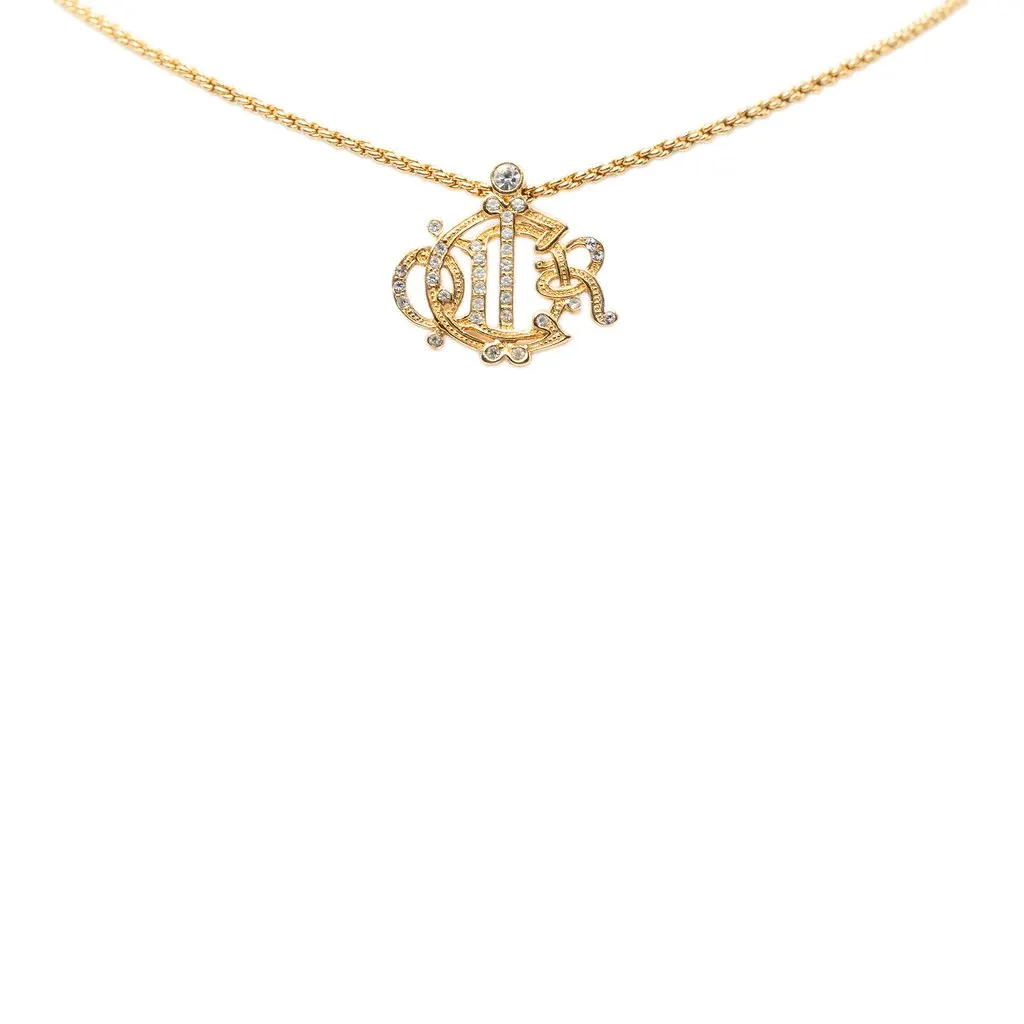 Dior Gold Plated Strass Logo Pendant Necklace Gold Metal Very good - Back View