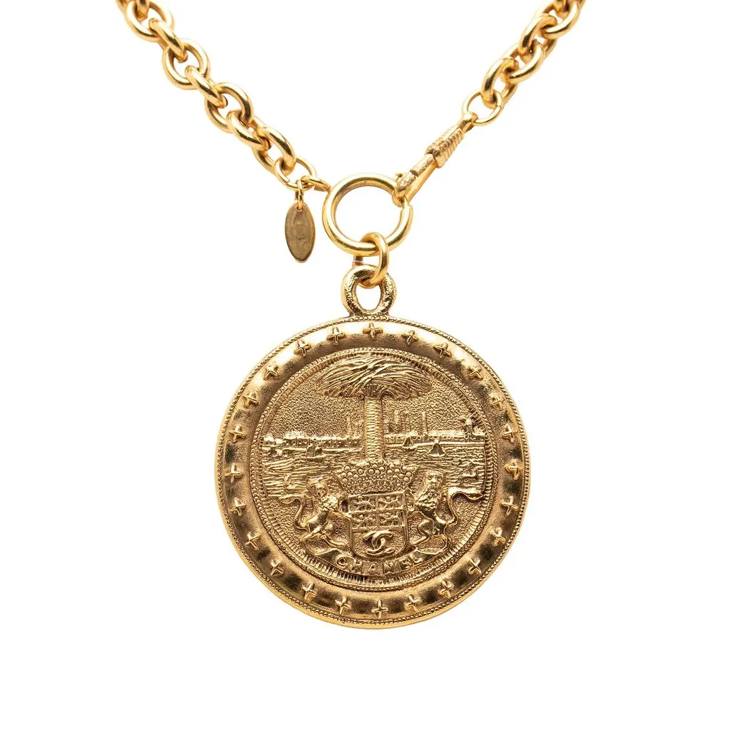 Chanel CC Gold Plated Crest Medallion Pendant Necklace Gold Metal Very good - Back View