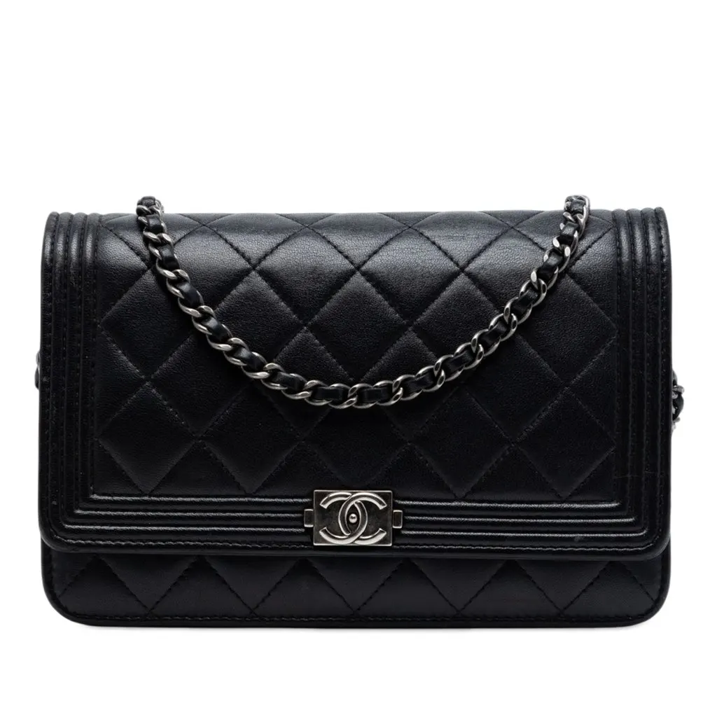 Chanel Quilted Lambskin Boy Wallet On Chain Black Leather Very good - Front View