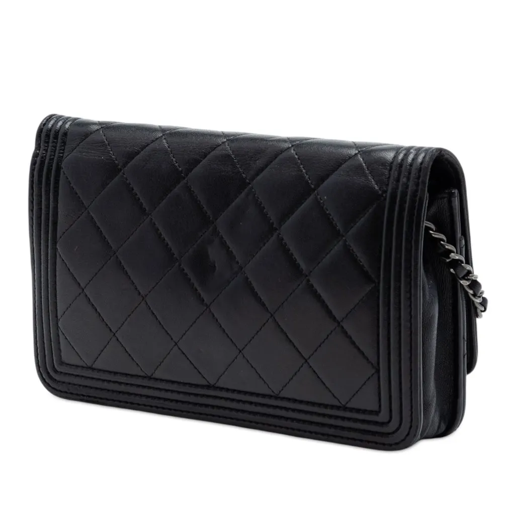 Chanel Quilted Lambskin Boy Wallet On Chain Black Leather Very good - Back View