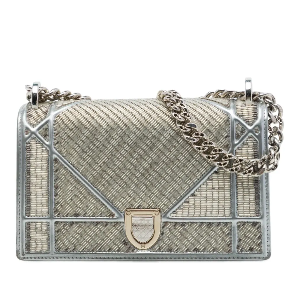Dior Small Calfskin Diorama Crystal Embellished Flap Silver Leather Very good - Front View
