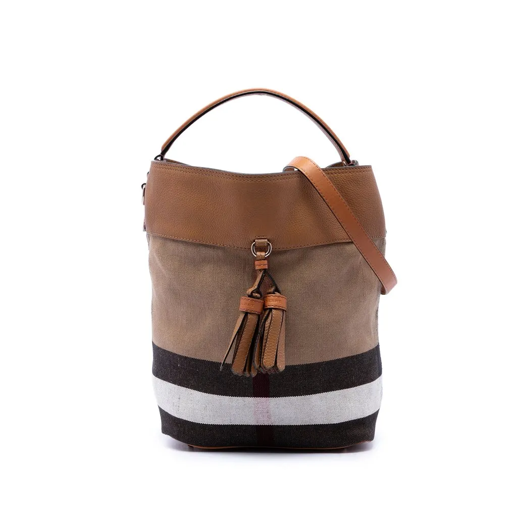 Burberry Medium Mega Check Canvas and Grained Calfskin Ashby Tassel Bucket Bag Brown Very good - Front View