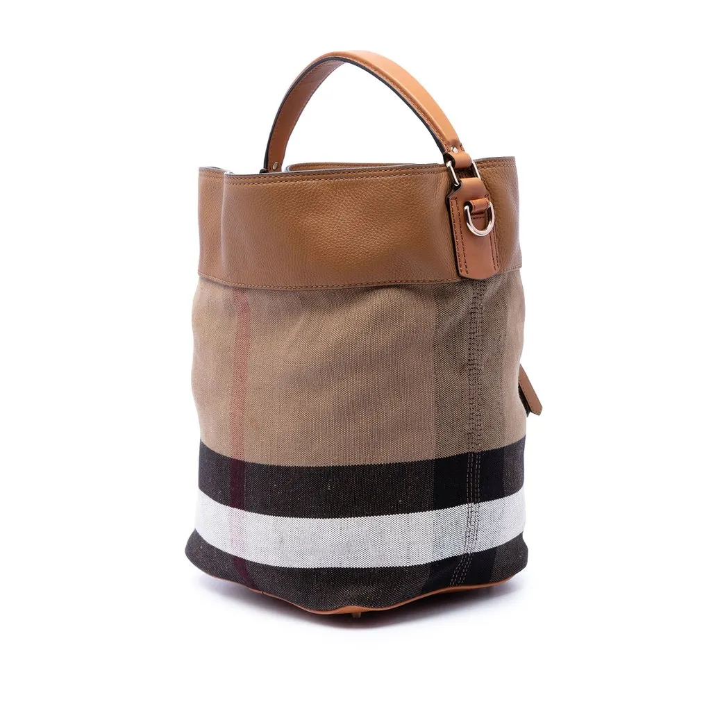 Burberry Medium Mega Check Canvas and Grained Calfskin Ashby Tassel Bucket Bag Brown Very good - Back View