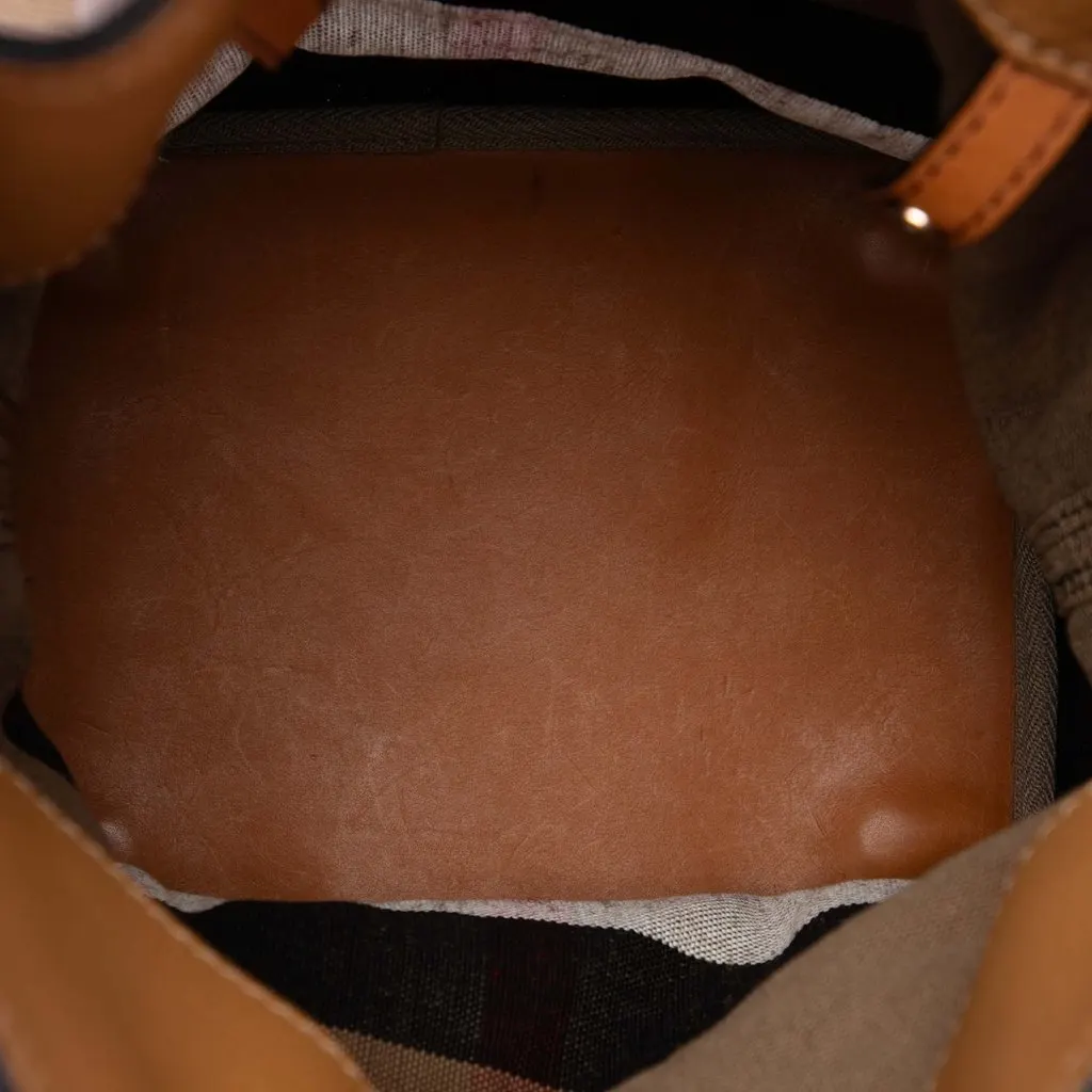 Burberry Medium Mega Check Canvas and Grained Calfskin Ashby Tassel Bucket Bag Brown Very good - Model View