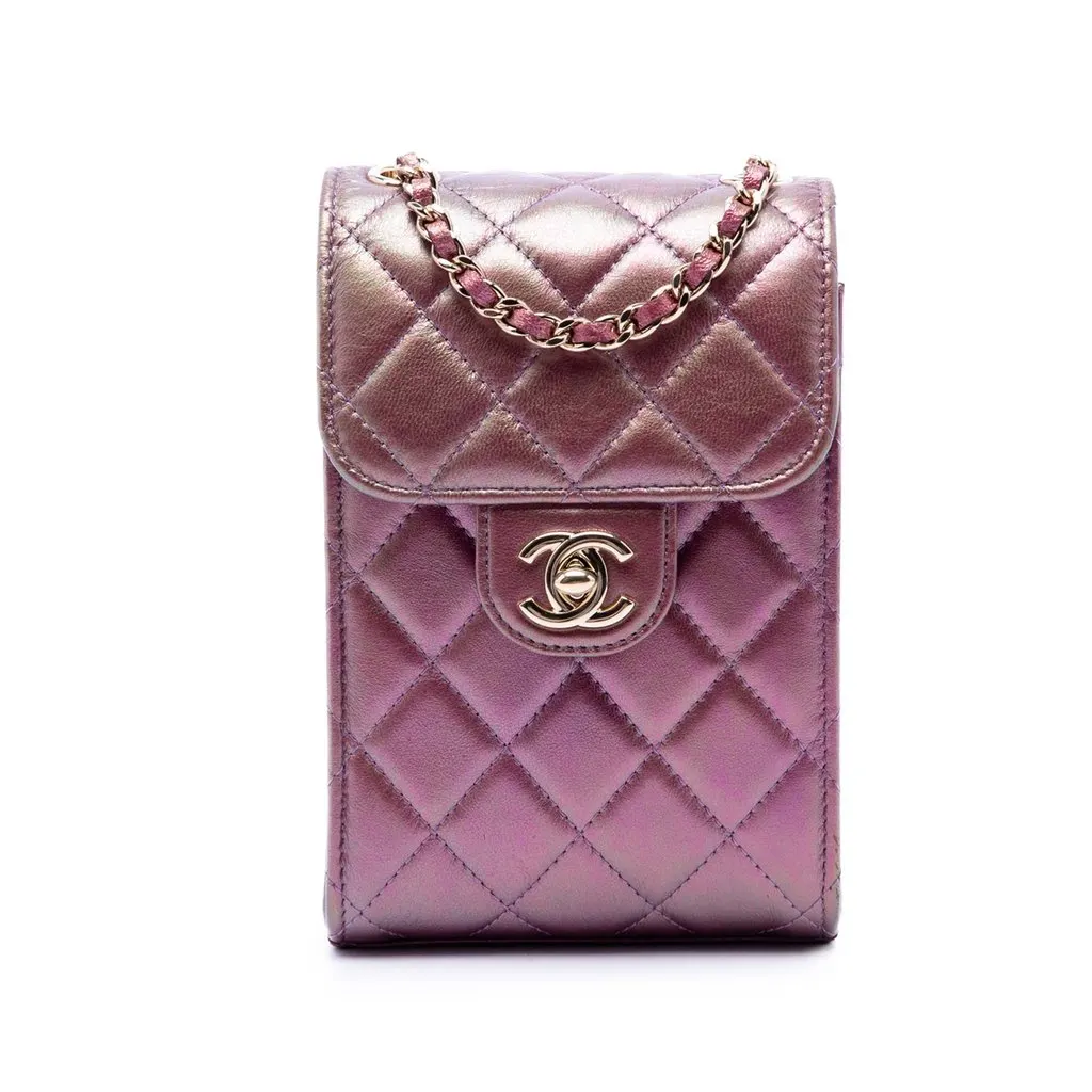 Chanel CC Quilted Iridescent Lambskin Phone Holder with Chain Purple Leather Very good - Front View