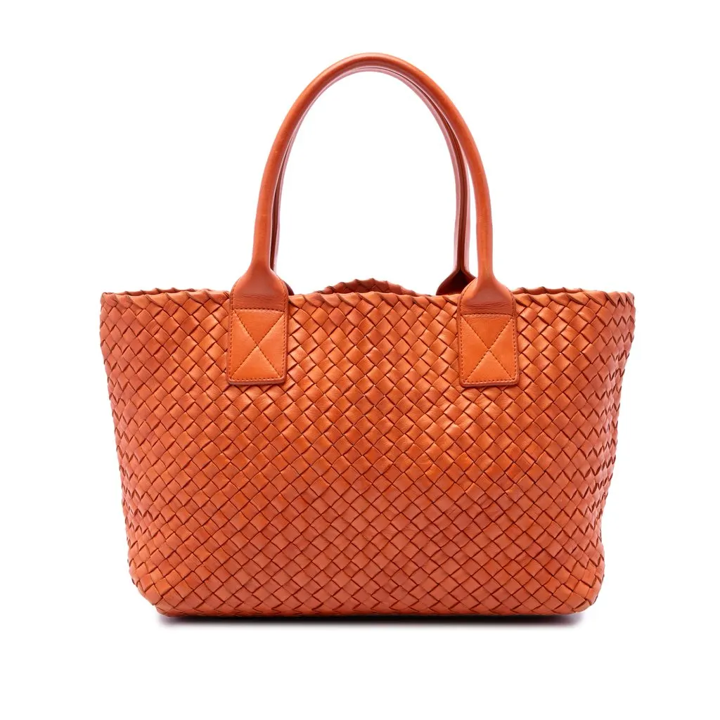 Bottega Veneta Small Lambskin Intreccio Cabat Tote Orange Leather Very good - Front View
